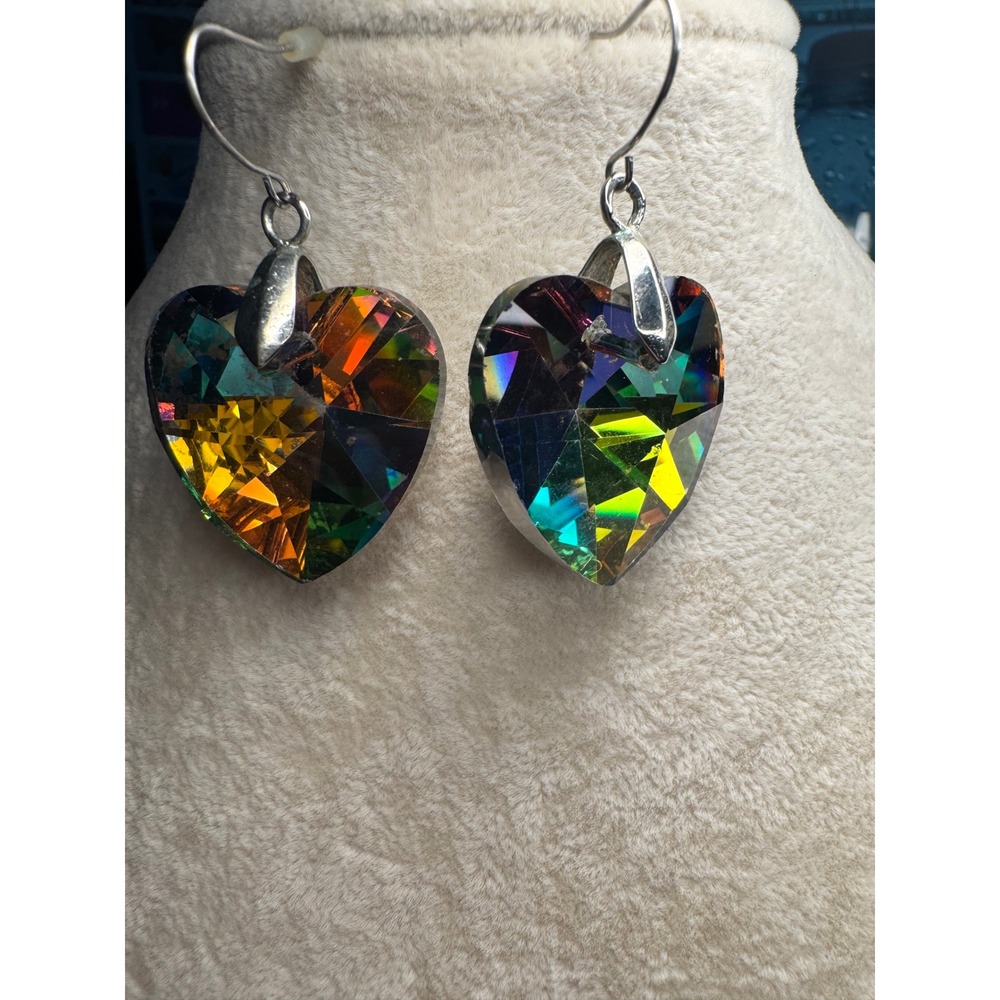 Large Rainbow AB Crystal Heart Drop Earrings Silver Tone Dangle Festival Y2K‎